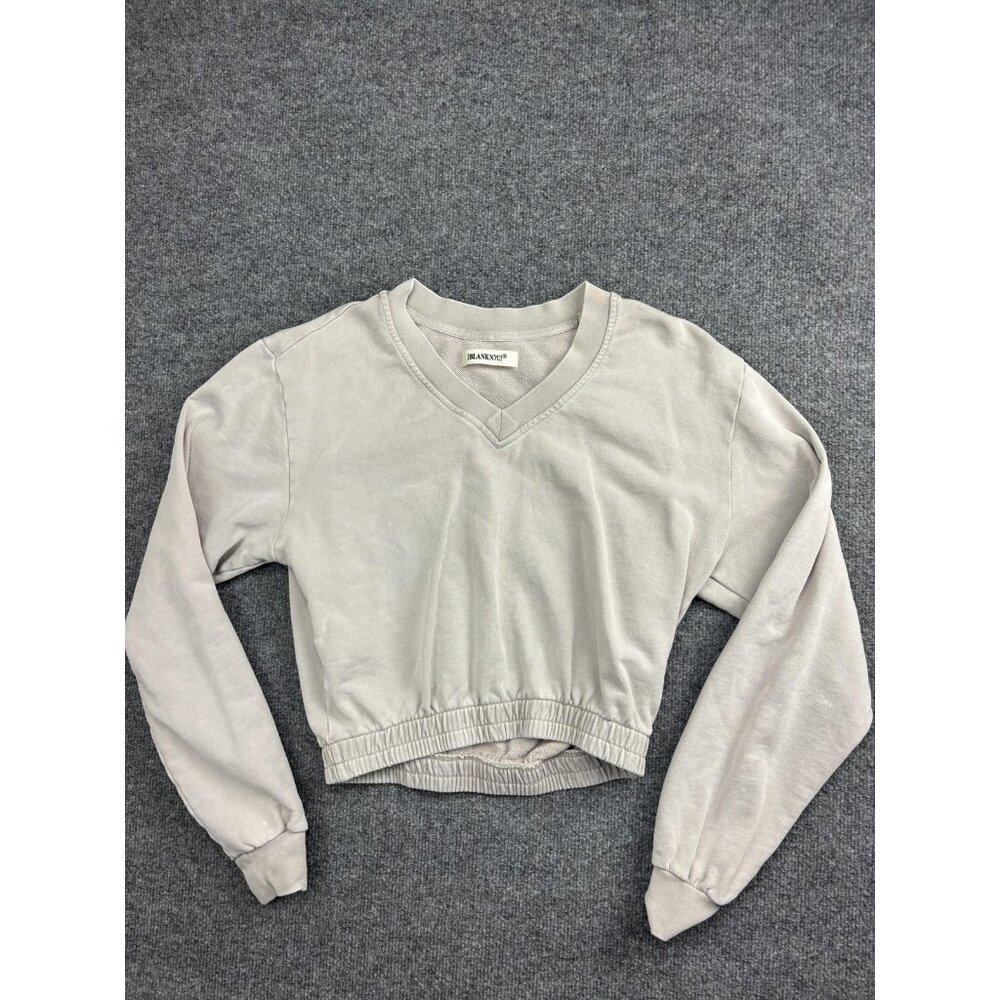 BLANKNYC Sweatshirt Womens Small Beige V Neck Cropped Elastic Hem‎ 100% Cotton